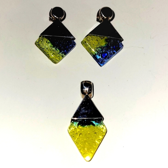 Earring and Pendant Set. Yellow and Blue Glass with Sterling Silver, Han… - Picture 3 of 4
